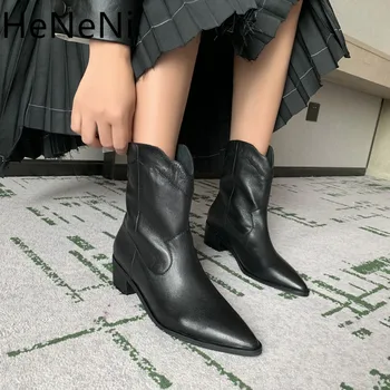 

Autumn new Genuine Leather Retro Woman Western boots Slip On Ladies Ankle Boots Women Chelsea Boots zapatos de mujer size33 34