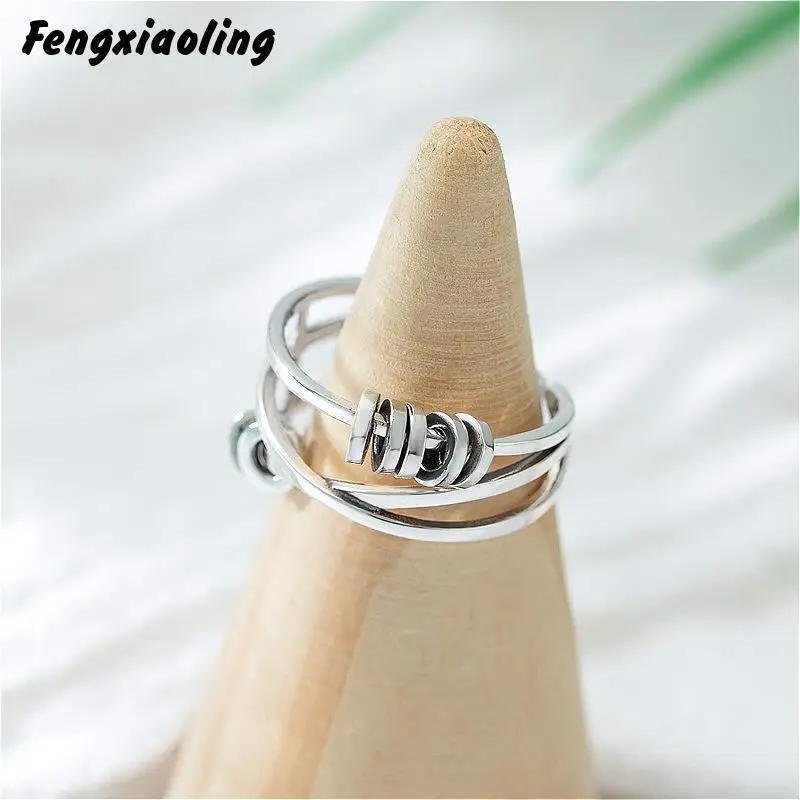 

Fengxiaoling New Fashion Real 925 Sterling Silver Multi-layer Rotate Small Circle Irregular Rings For Women Jewerly Gift