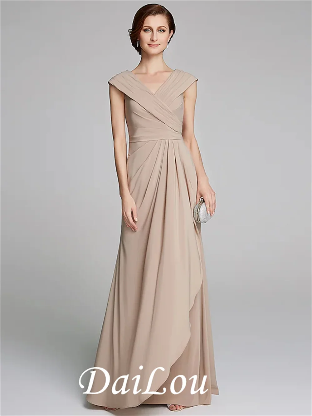 

Платье-футляр для матери невесты, элегантное шифоновое платье в пол с V-образным вырезом, коротким рукавом и складками, 2021