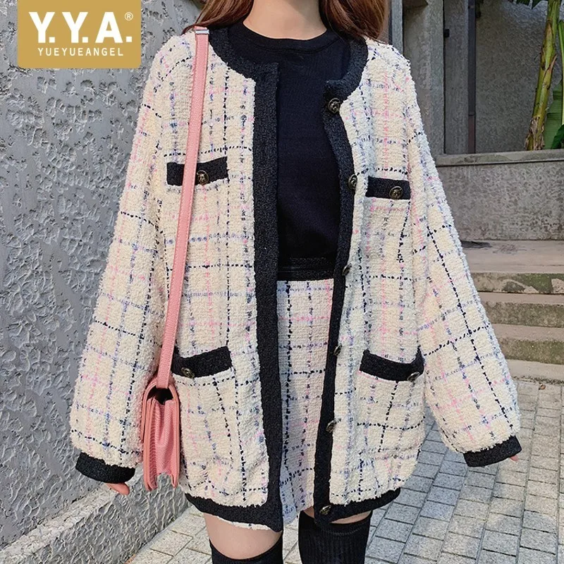 Fashion Dames Lange Mouwen Single Breasted O-hals Medium Lengte Losse Jassen Hoge Taille A-lijn Rokken Vrouwelijke Tweed 2 Stuks Outfits Fashion Dames Lange Mouwen Single Breasted O-hals Medium Lengte Losse Jassen Hoge Taille A-lijn Rokken Vrouwelijke Tweed 2 Stuks Outfits