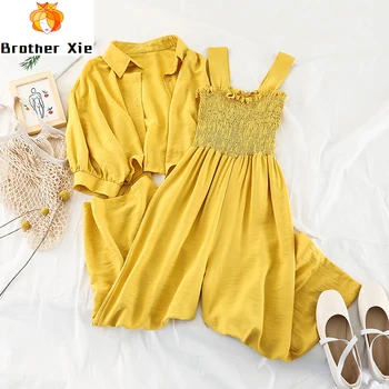 

2020 new fashion women's two piece set Spring and summer short coat sunscreen+ loose strap jumpsuit two-piece set G946