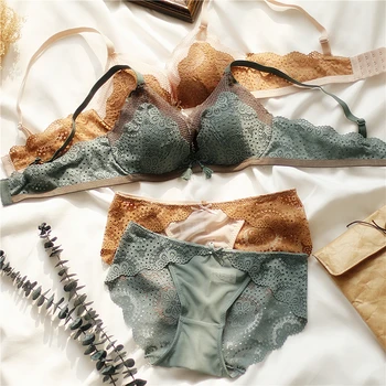 

fashion lace sexy thin deep V-neck push up underwear Wire Free Comfortably Bra and Panty Lingerie Set Women Intimates Seamless