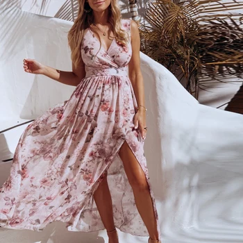 

2020 Spring Summer Chiffon Dress Women Sexy Deep V-neck Floral Print Dress Boho Elegant Sleeveless Split Long Dresses Maxi