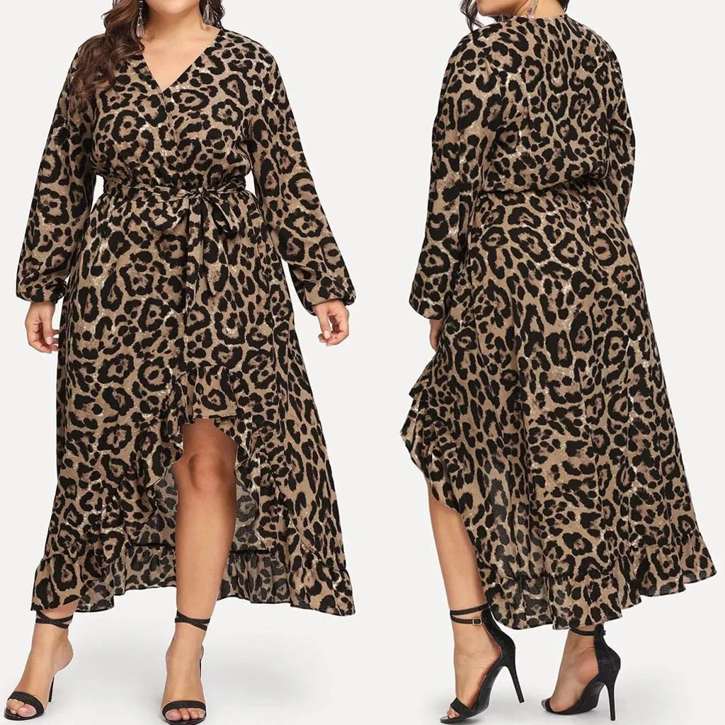 Женское платье, повседневное модное простое леопардовое Бандажное платье большого размера с v-образным вырезом и длинными рукавами#38