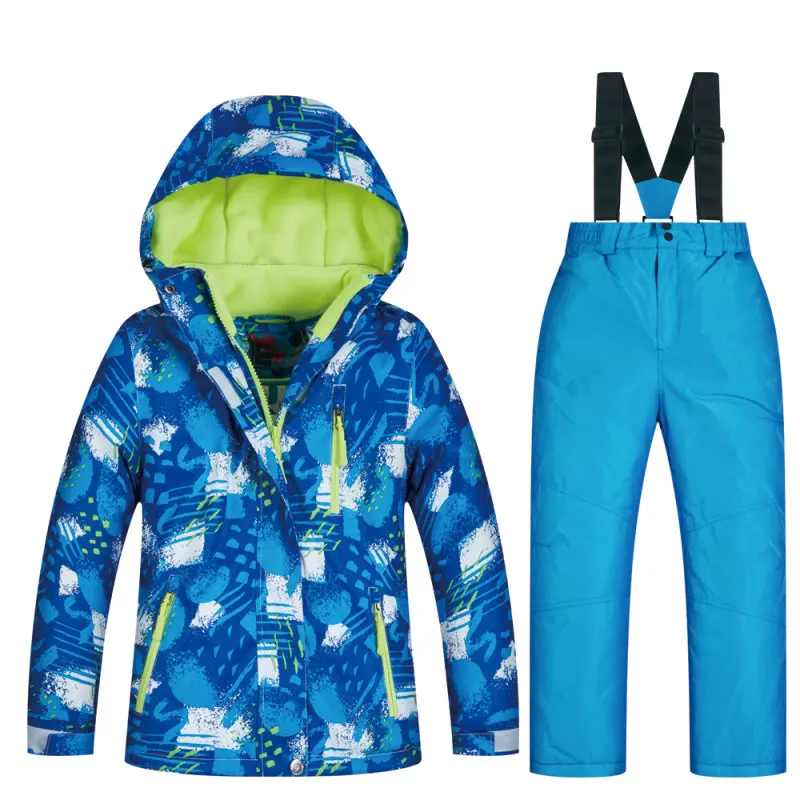 Coat and Blue Брендовый плотный теплый лыжный костюм; детская водонепроницаемая ветрозащитная куртка для катания на лыжах и сноуборде; брюки; Детские Зимние костюмы; верхняя одежда - Цвет: Coat and Blue