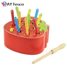 Puzzle 3D en bois pour bébés, jouets éducatifs pour la petite enfance, jeu de couleurs pour attraper les vers, fraises cognitives amusantes