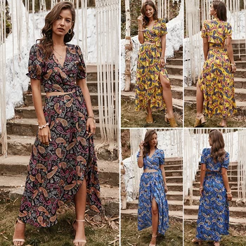 

Women Boho Print V Neck Short Sleeve Lace-up Crop Tops and Long Skirts Beach Maxi Split Skirts Suit