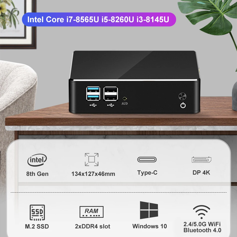 Мини-ПК 8th поколения Intel Core i7 8565U i5 8265U i3 8145U 2xDDR4 M.2 SSD Windows 10 HDMI DP в формате 4K UHD, 2,4/5,0G, Wi-Fi, BT4.0 Тип-C 6xusb