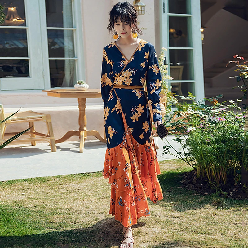 

Women's Clothing 2021 Bohemian Dress Long Sleeve Ethnic Style Dress Woman Dresses Spring Autumn Long Beach Skirt Tye Dye Dresses