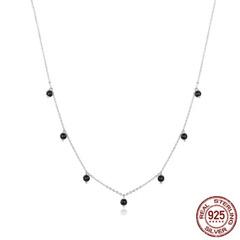 

Black Crystal Round Beads Chain Necklace for Women 2020 New Real 925 Sterling Silver Design Jewelry 2020 New Design