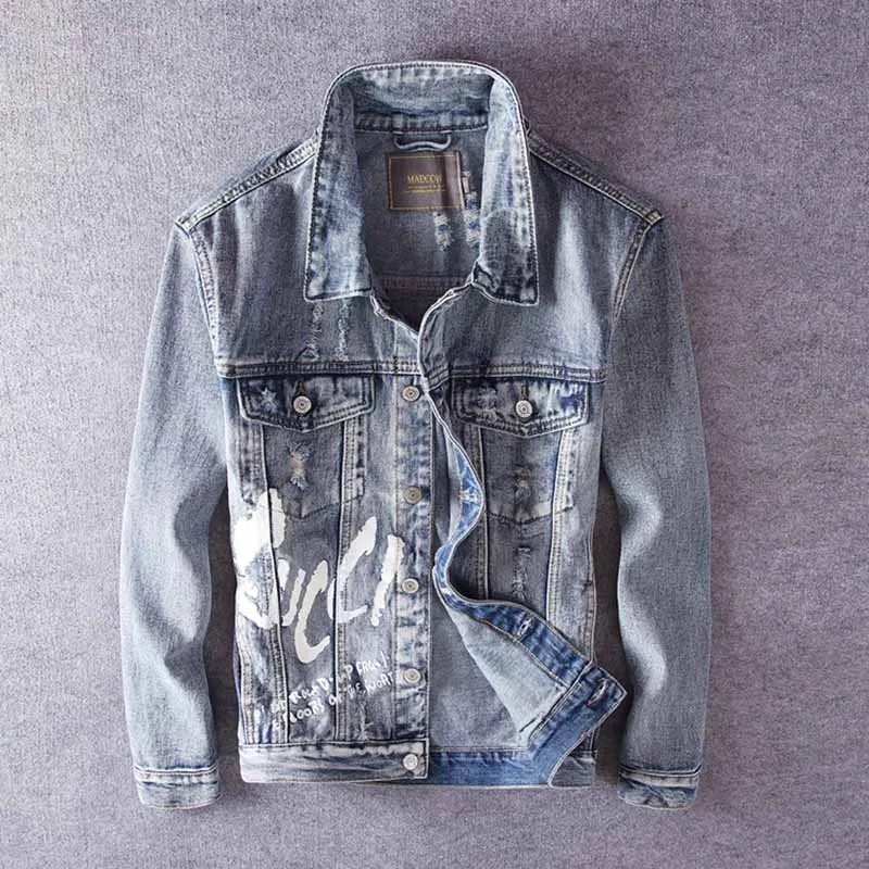 KIOVNO Men Ripped Punk Denim Jackets Coats Printed Distressed Jeans Jackets Outwear Male Streetwear Clothing  (6)