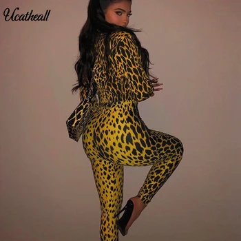 

Leopard Print Jumpsuit 2 Piece Set Women Sexy Short Jacket+ropmers Two Piece Set Off Shoulder Bodycon Vintage Sets