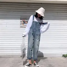 Женский джинсовый комбинезон Повседневный базовый потертый джинсовый брюки свободные штаны для отдыха широкие комбинезоны