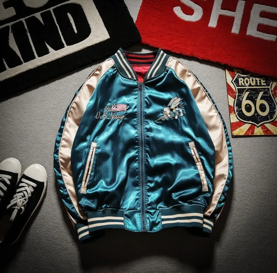 

Японская куртка с вышивкой Yokosuka, мужская и женская модная винтажная бейсбольная форма, Двусторонняя одежда, куртки-бомберы Kanye West