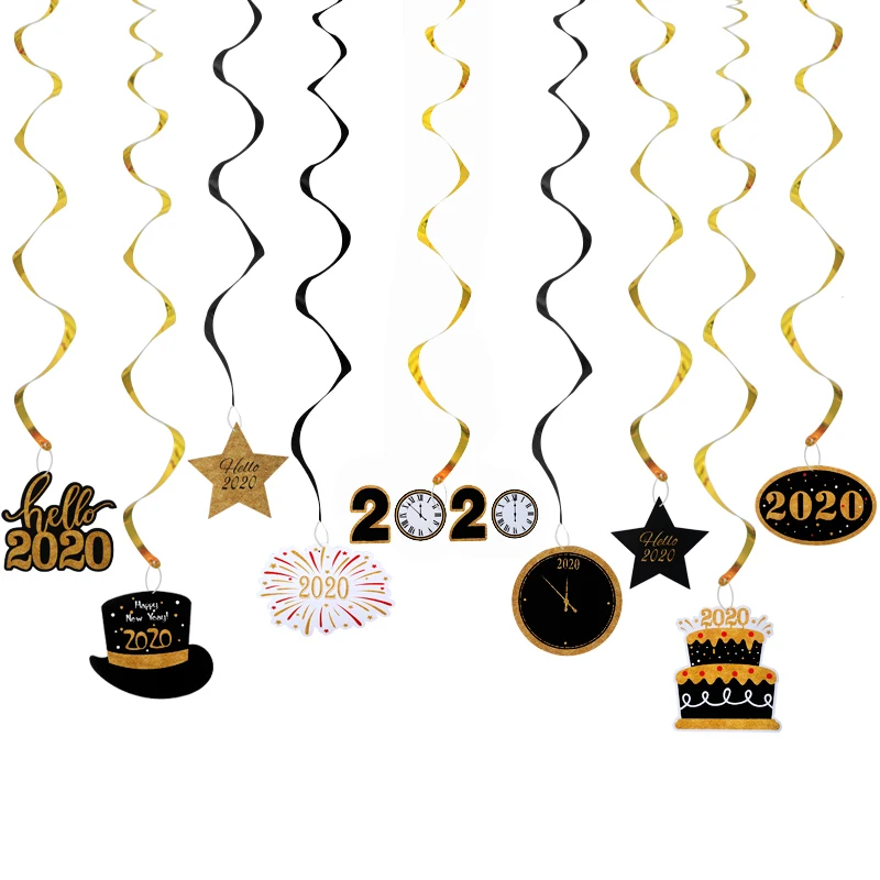 30 шт счастливый год Висячие декоративные завитки золотые черные металлические фольги потолочные спирали новогодние вечерние украшения
