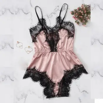 

Belted Eyelash Lace Satin Bodysuit Women 2019 Sexy Lingerie Nightwear Female Glamorous Teddies Sleepwear lingerie B4