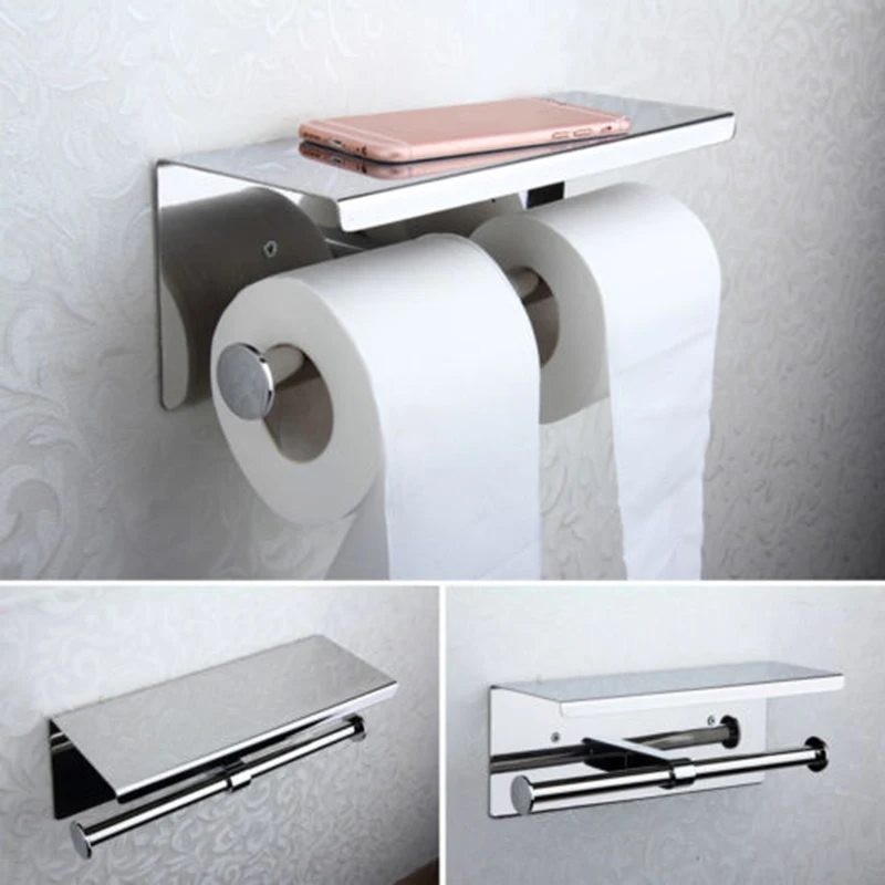 

Wall Mount Double Toilet Paper Holder Shelf Bathroom Tissue Stainless Two 2 Roll