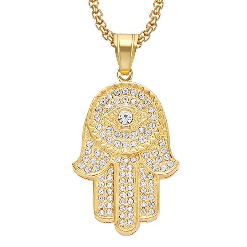 

Hip Hop Iced Out Hamsa Hand of Fatima Pendants Dropshipping Gold Color Stainless Steel Palm Necklace For Women Men Jewelry Gift