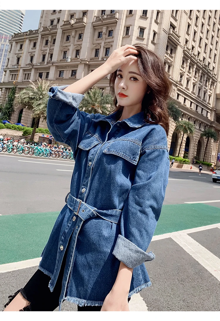 XUANSHOW Chaqueta Mujer Модные осенние однотонные длинные Для женщин куртка с поясом Повседневное уличная джинсовый жакет Женская верхняя одежда