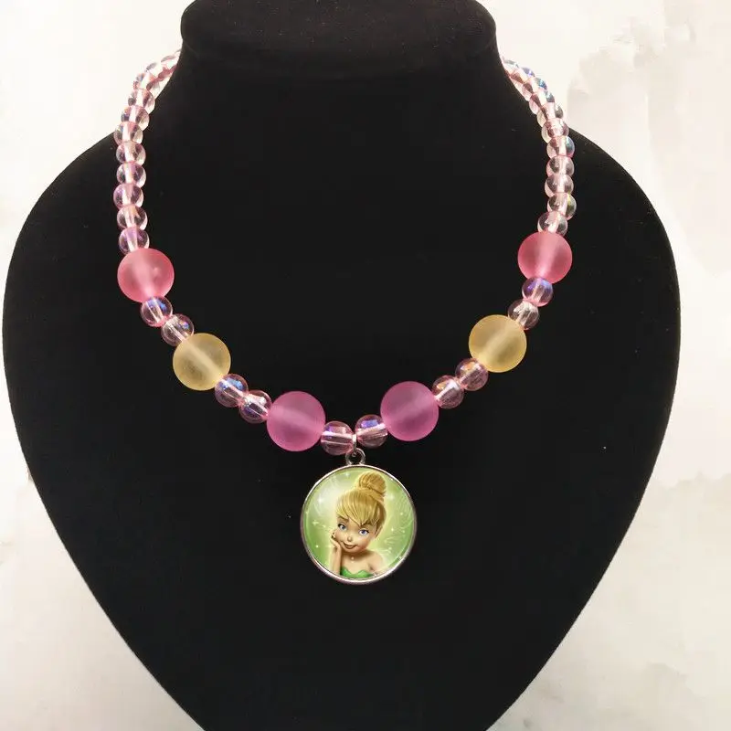 Pink 8 Crystal Cabochon Princess Elsa Anna Snow Queen Pendant Necklace For Girls Cartoon Dolls Bead Necklace For Kid's Birthday Gift - Metal Color: Pink 8