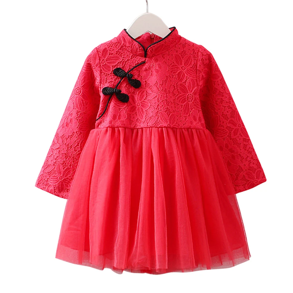 Платья для девочек Новая детская одежда год детское платье с длинным рукавом для девочек в китайском стиле Стиль однотонное платье-Ципао; весеннее кружевное платье принцессы D1