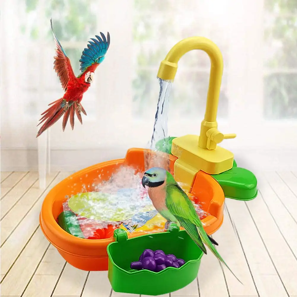 Bird Bath Tub Parrot Automatic Bathtub with Faucet Bird Shower Bathing Tub Bird Feeder Bowl Parrot Automatic Bathtub Pool
