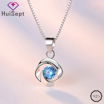 

HuiSept Fashion 925 Silver Necklace Jewelry Round Shape Sapphire Gemstone Pendant for Women Wedding Party Wholesale Accessories