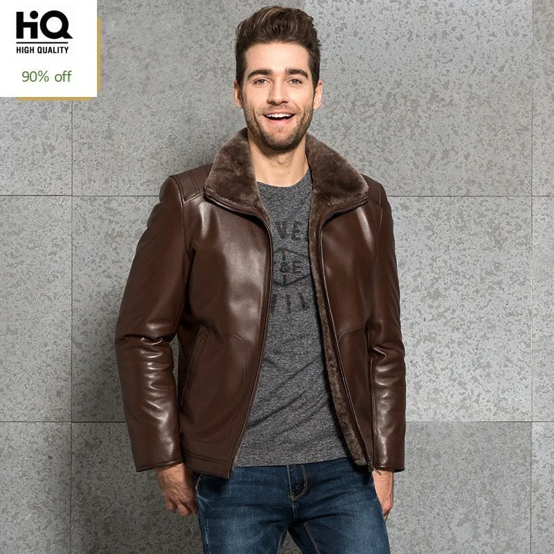 

Luxury Winter Mens Wool Lining Coat Sheepskin Genuine Leather Shearling Jacket Business Man Fur Collar Blazer Jacket Overcoat