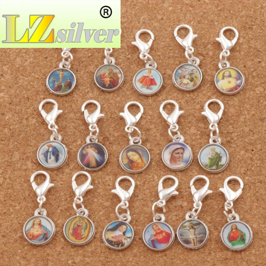 Catholic Religious Church Medals Saints Cross Clasp European Lobster Trigger Clip On Beads C1707 26.7x10mm 150ps Zinc Alloy