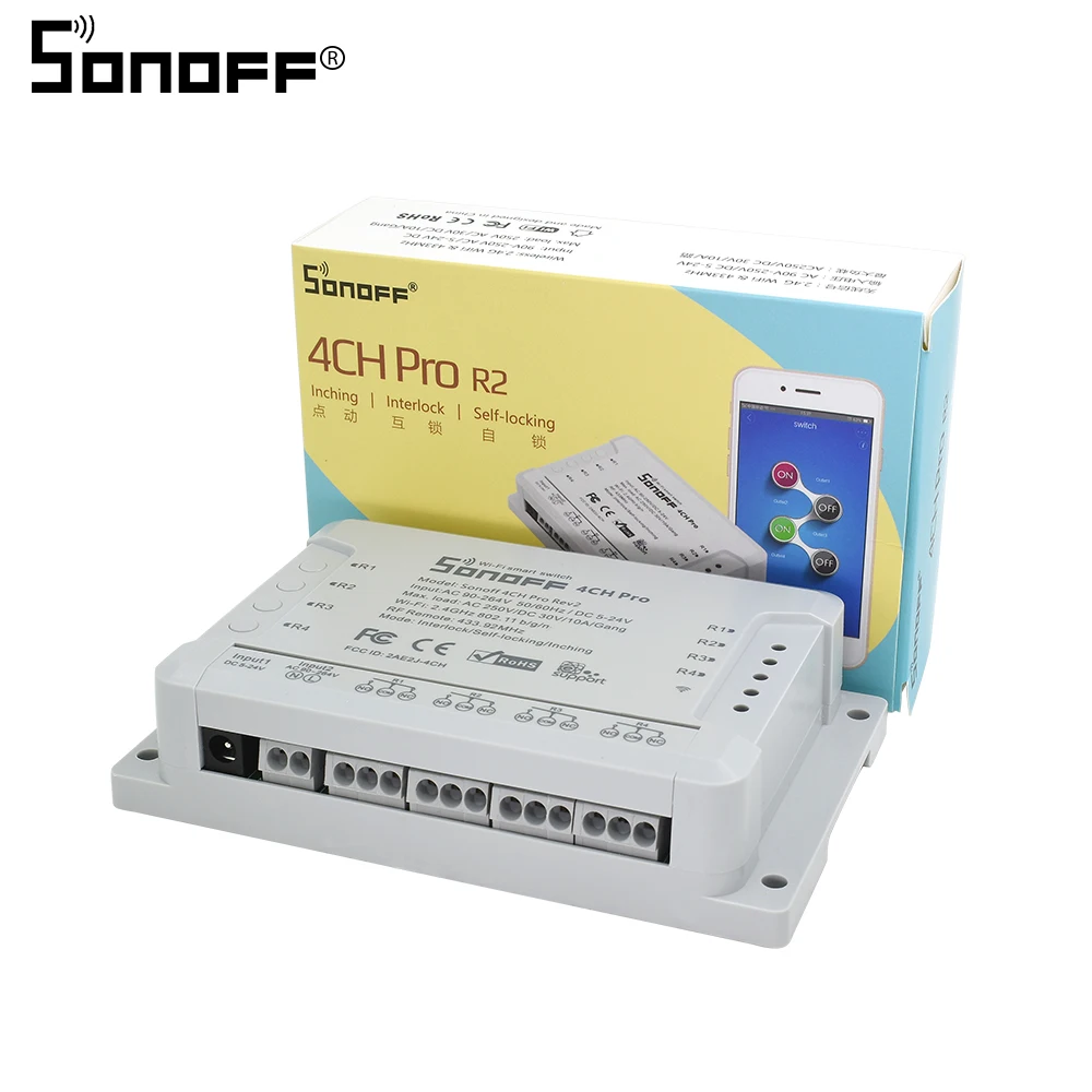 

Itead Sonoff 4CH Pro R2 4 Channels Gang Wireless Remote Wifi Smart Switch Modes Inching Interlock WiFi Smart Switch for Alexa