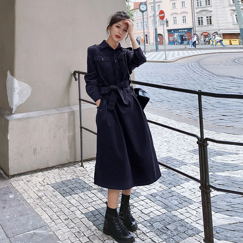 

Photo Shoot Corduroy Dress Women's Mid-length Autumn 2019 New Style Loose-Fit Slimming French Sexy Long Sleeve Skirt