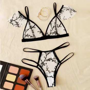 

Women Lingerie Sets Sexy Embroidery Transparent Bra Wireless See-through Lace G-string Underwear Hollow Out Lingerie Sets Famale