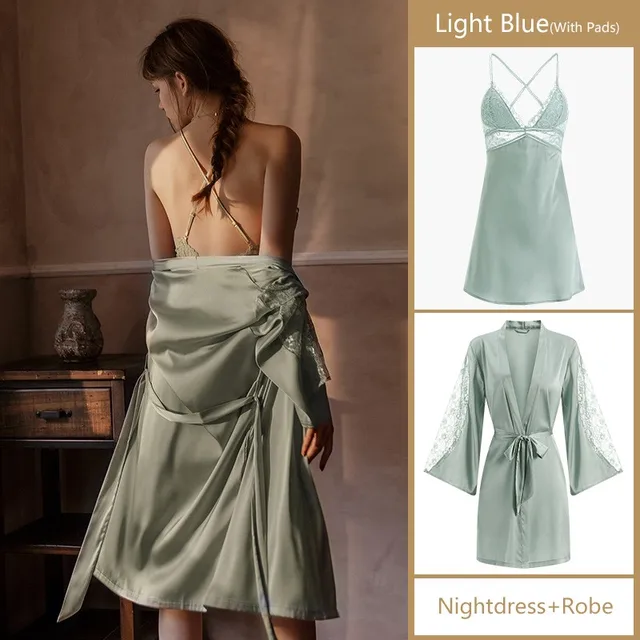 2PCS Robe Sets Night Dress Women Satin Sleepwear Sexy Lace Nightgown Kimono Bathrobe Gown 5