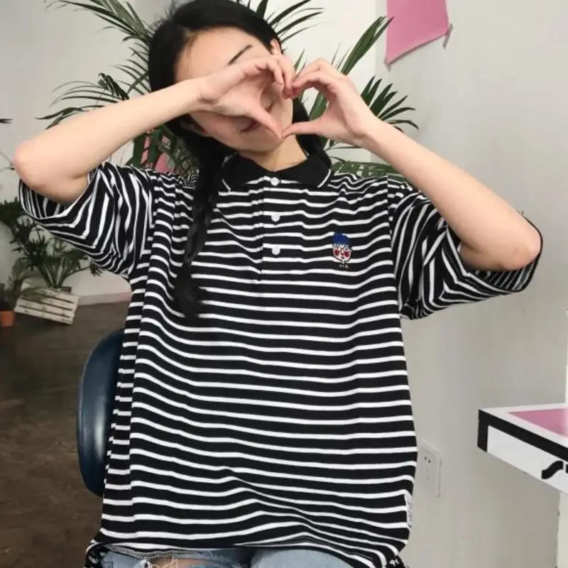 Корейский ulzzang Harajuku BF рубашка Поло рубашка с отворотом шикарный Полосатый Пуловер короткий рукав Футболка женская летняя свободная модная женская