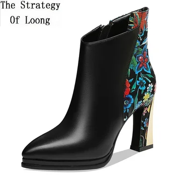 

Winter Fashion Women Genuine Leather Super High Heels Flowers Pointed Toe Ankle Boots Lady Platform Plush Short Boots 191123