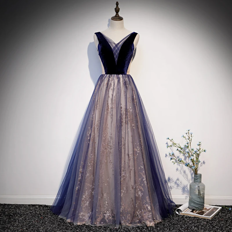 SSYFashion новое длинное вечернее платье, для банкета, Элегантное синее платье с v-образным вырезом в пол, с блестками, вечернее платье на заказ, Vestidos De Noche