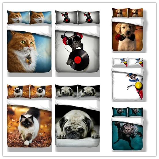 

3D Print Animal Bed Sheet With Pillowcase Single Double King Size Set 2/3 pcs Duvet Cover Set With Cute Cat Dog 2019 New