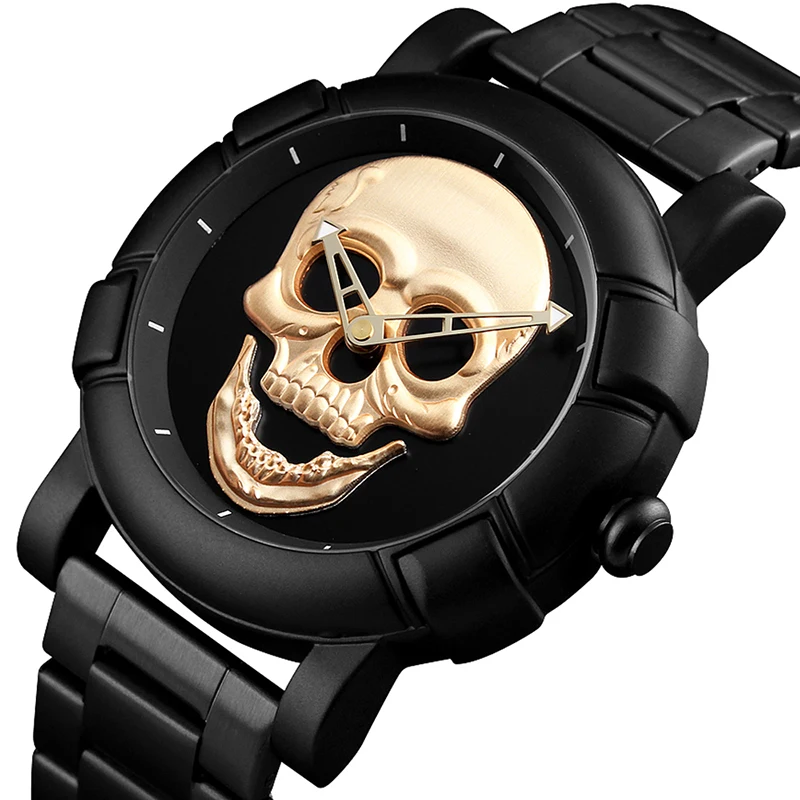 

Skull Black Gold Men Watch Laser Engraved Skull Head Watches Punk Skeleton Wristwatch for Men's Cool Male Quartz Wrist Watches