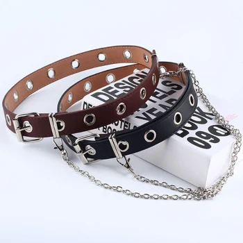 

Fashion Women Punk Chain Belt Adjustable Double/Single Row Hole Eyelet Jeans Waistband with Eyelet Chain Decorative Belts 2020