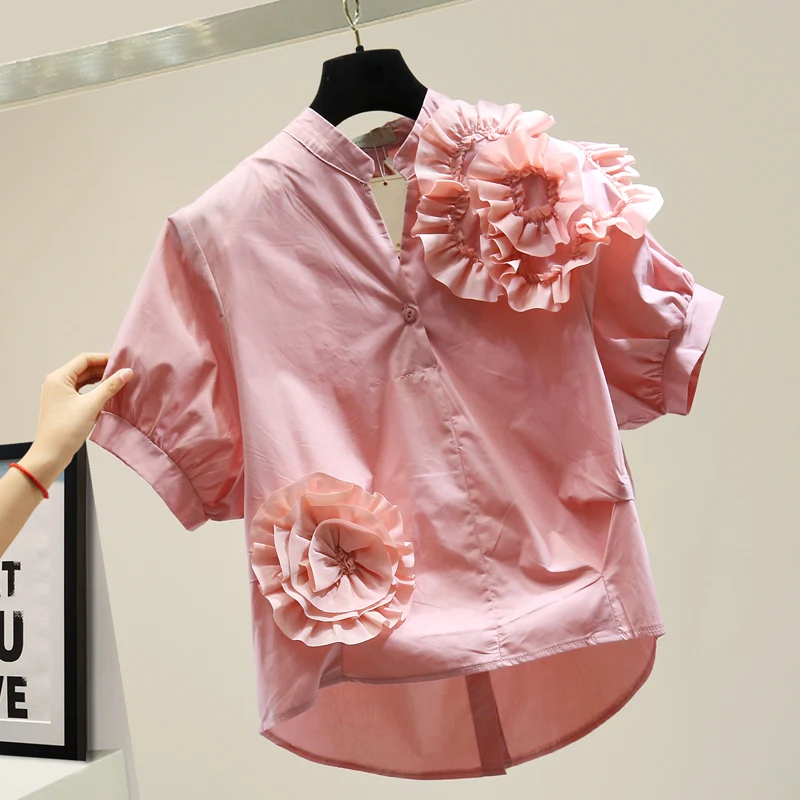 

Women Blouses Fashion 2020 Summer Three-dimensional Flower Shirt Girls Ladies Korean Style Loose All Match Blouses Blusas Pink
