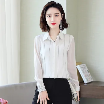 

New style ladies lapel striped button shirt long sleeve chiffon shirt