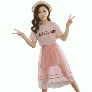 

Summer Clothes For Girls T Shirt Dress + Mesh Skirt 2 Pcs Kids Clothes Letter Print Suit For Girls Cute Teenage Girls Clothes