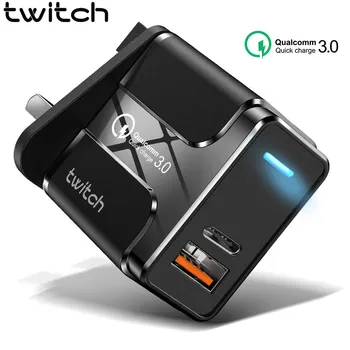 

Twitch Quick Charge 3.0 18W PD USB Wall Charger for Samsung Xiaomi iPhone 11 Pro X Charging UK Adapter Fast Mobile Phone Charger