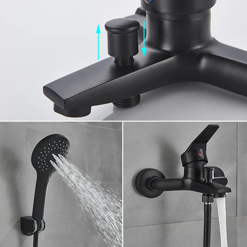 Matte Black Bathtub Faucet Wall Mount Chrome ABS Handshower Hot Cold Water Mixer Tap Bath Shower Faucet Tap Robinet Baignoire 3