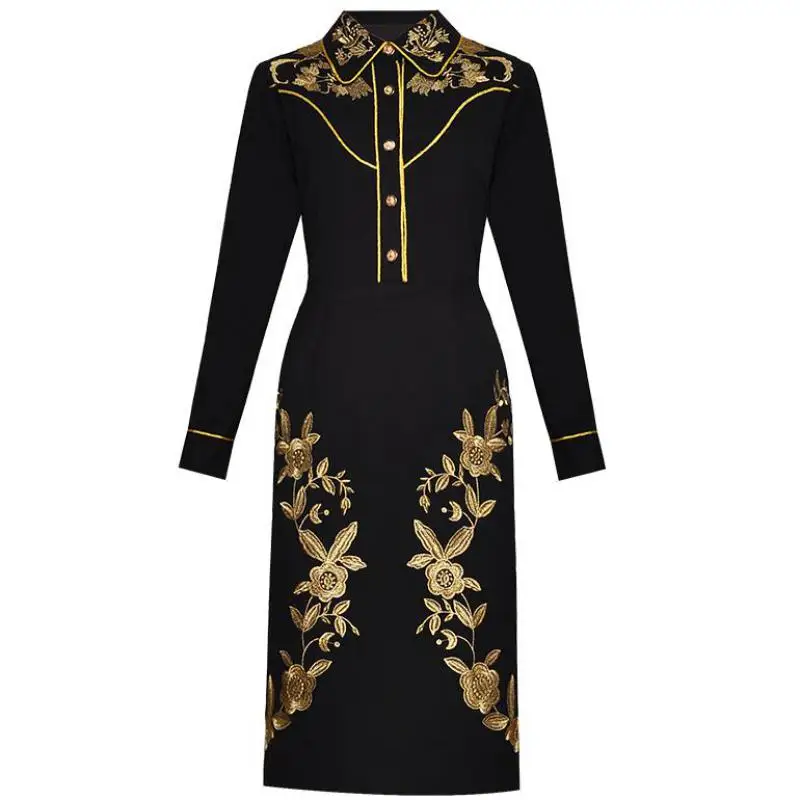 

Red RoosaRosee Fashion Designer Dress Autumn Dress For Women Luxurious Golden Embroidery Black Dresses Vestidos Robe Femme New