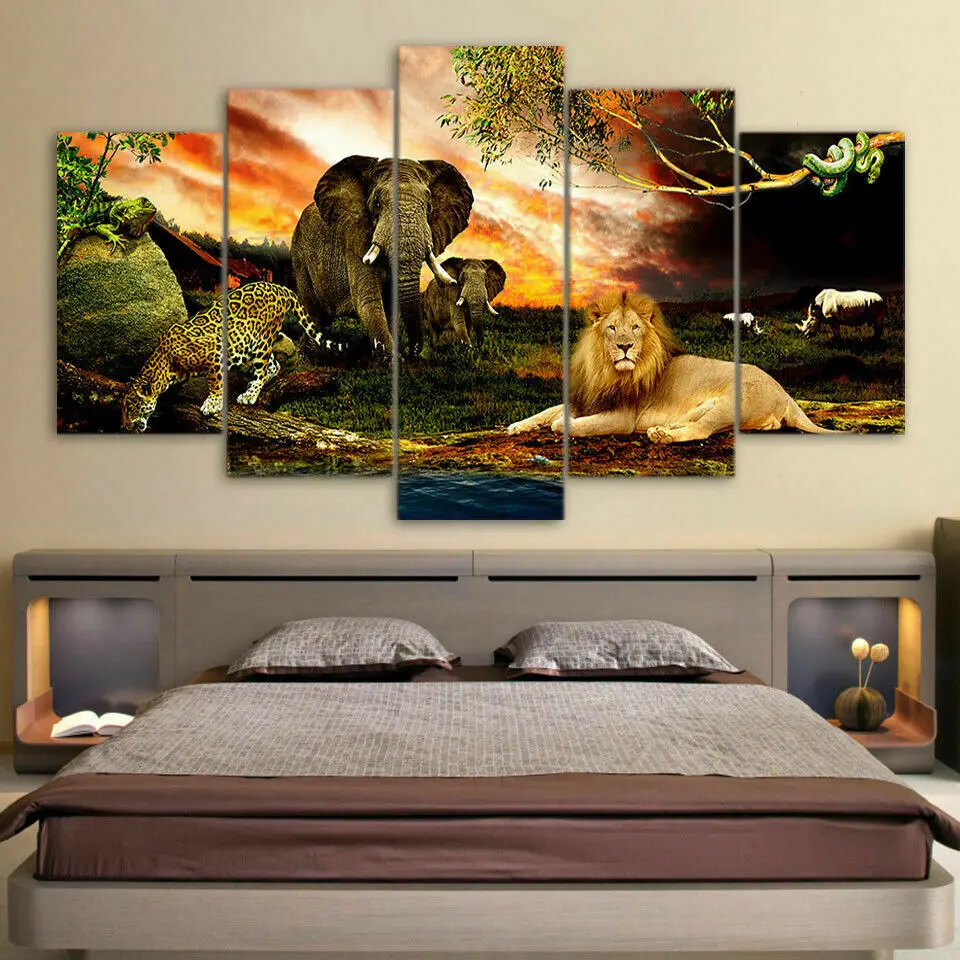 

No Framed Canvas 5Pcs Lion Elephant Cheetah Nature Art Posters Pictures For Living Room Cuadros Home Decor Paintings Decorations