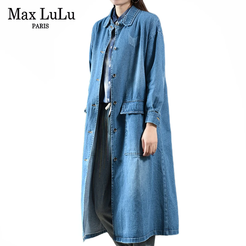 

Max LuLu Autumn Fashion Korean Streetwear Ladies Punk Clothing Women Vintage Denim Trench Oversized Long Coat Casual Windbreaker