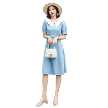 

Temperament French Dress Contrast Color Collar Skirt 's Commuting Elegant 2020 Women A- Line Dress A-line Casual High Waist