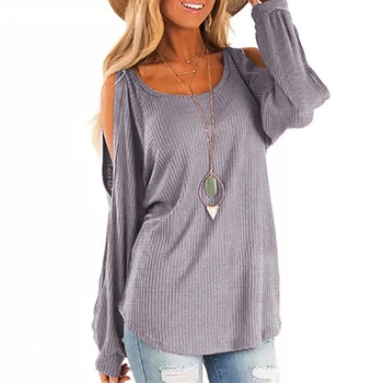 

Jumper Knitted Autumn Loose Round Neck Casual Elegant Cold Shoulder Ladies Lantern Sleeve Soft Solid Waffle Women Tops
