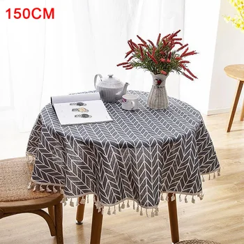 

Geometric Cotton Linen Dining Room Washable Wedding Party Protective Cover Simple With Tassel Home Decor Round Tablecloth